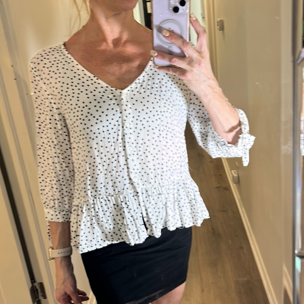One Clothing Los Angeles black & white 3/4 sleeve polka dot button up peplum top